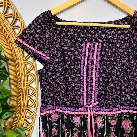 Handmade Black Pink Floral Prairie Maxi Dress Rickrack Cottagecore Dark Winter - Picture 6 of 8